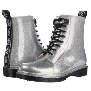 Michael Kors Silver Glitter Tavie Lug Sole Lace Up Combat Rain Booties Size 6